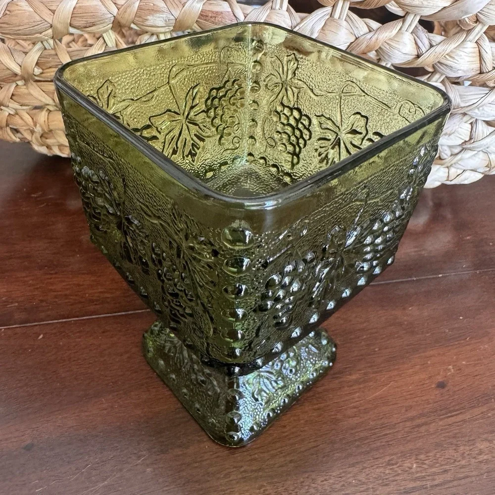 Vintage Indiana Glass Green Square Candy Dish Footed Pedestal Grape Vine